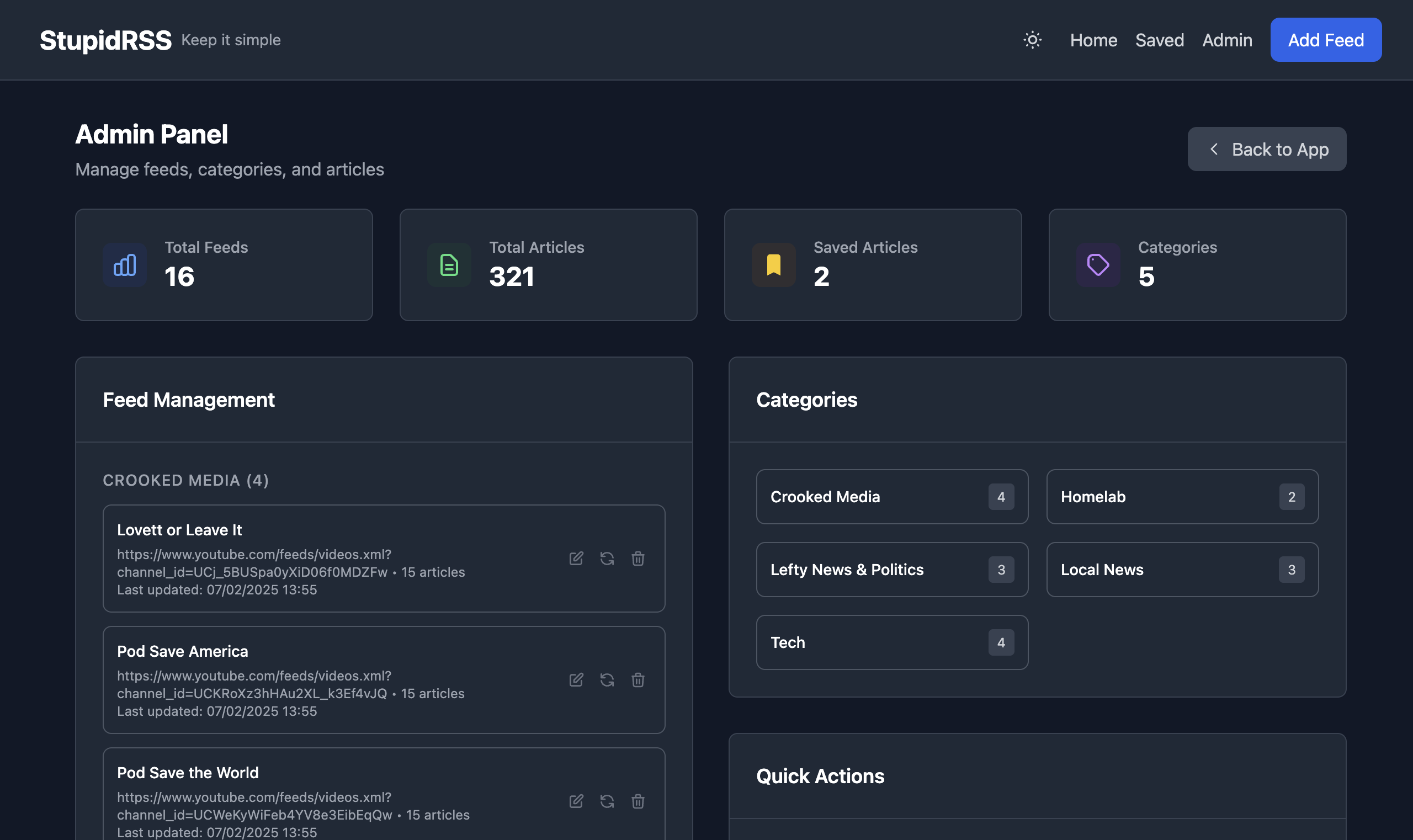 StupidRSS Admin panel for managing feeds