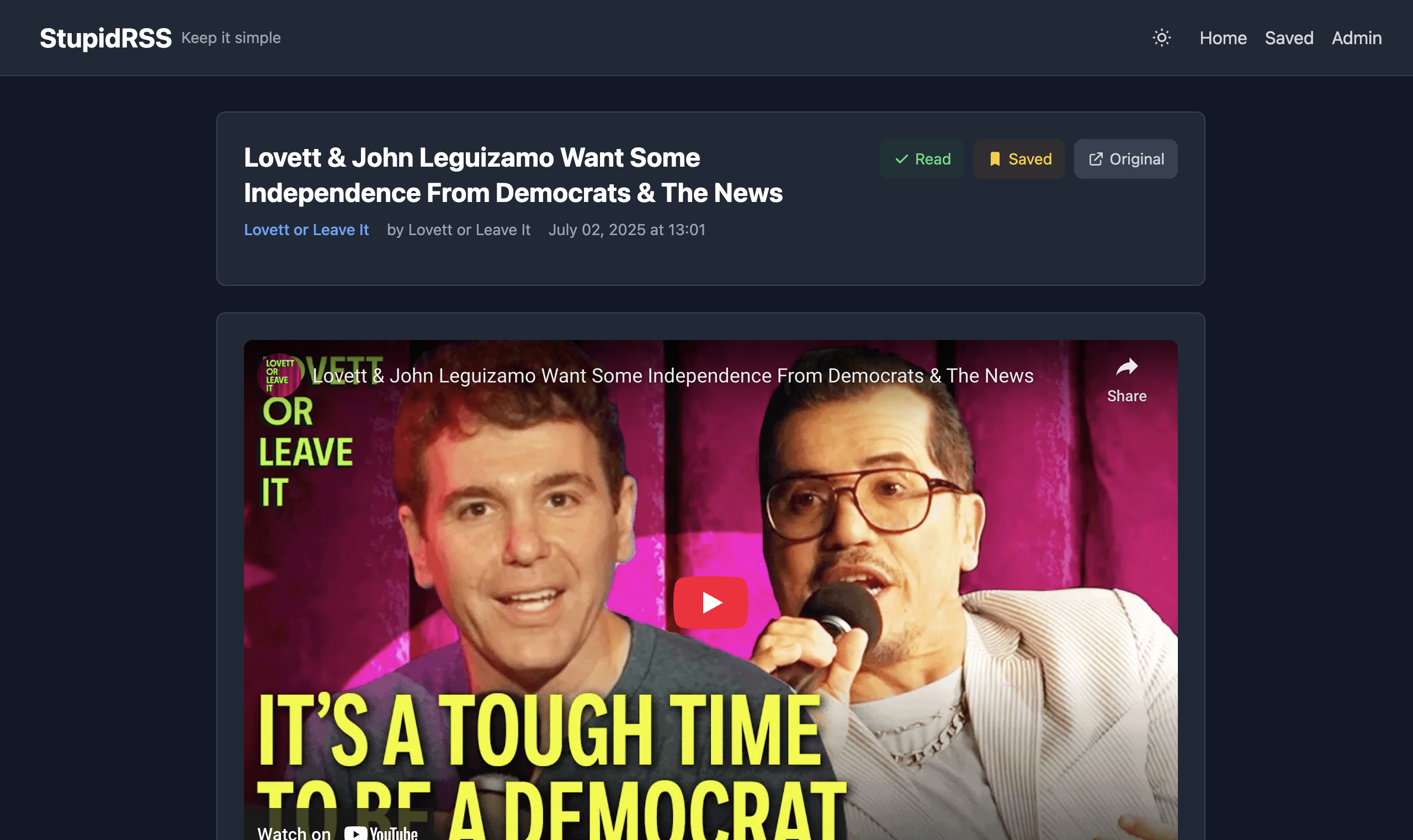 StupidRSS Article page with clean content display