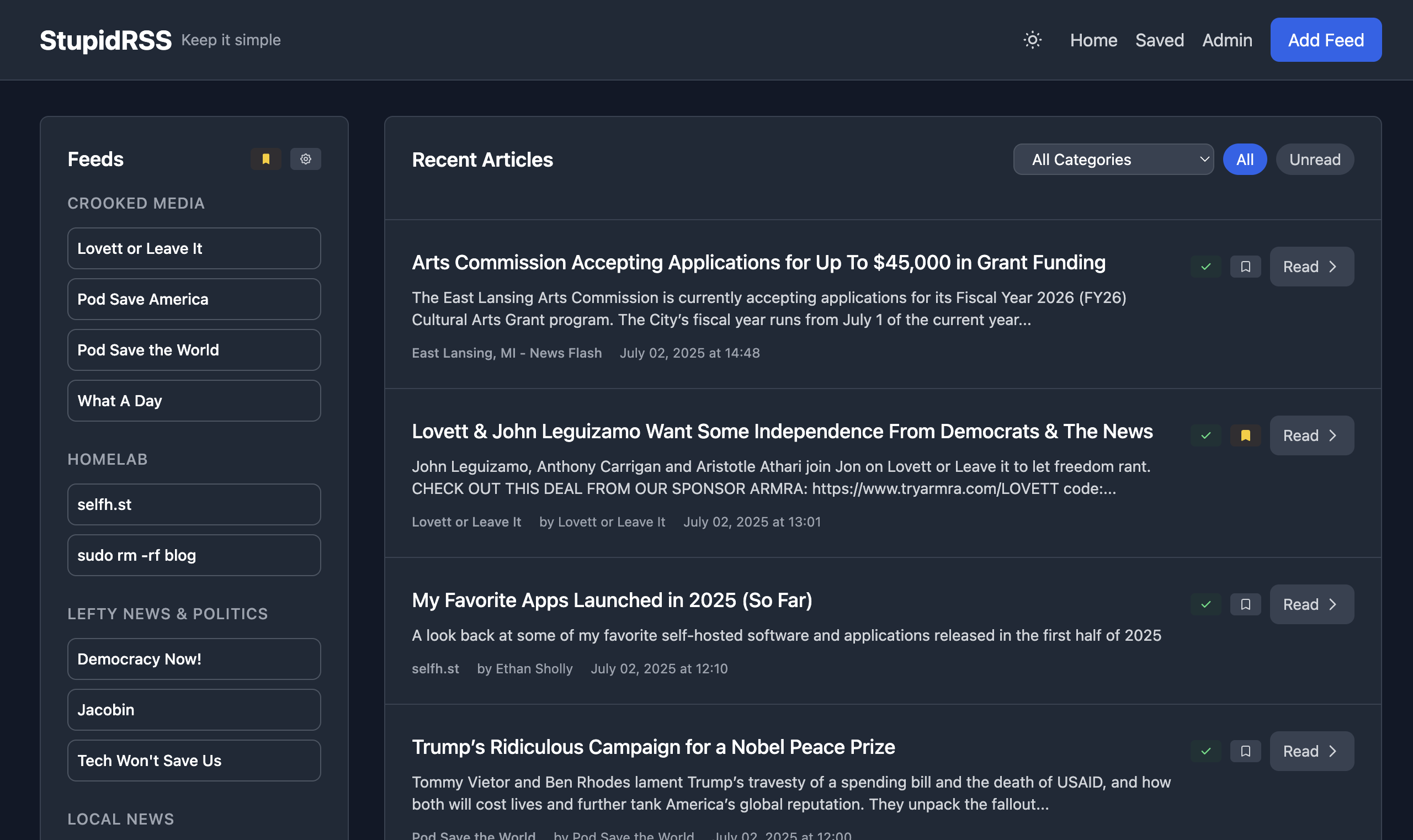 StupidRSS Main Page showing feed overview and recent articles
