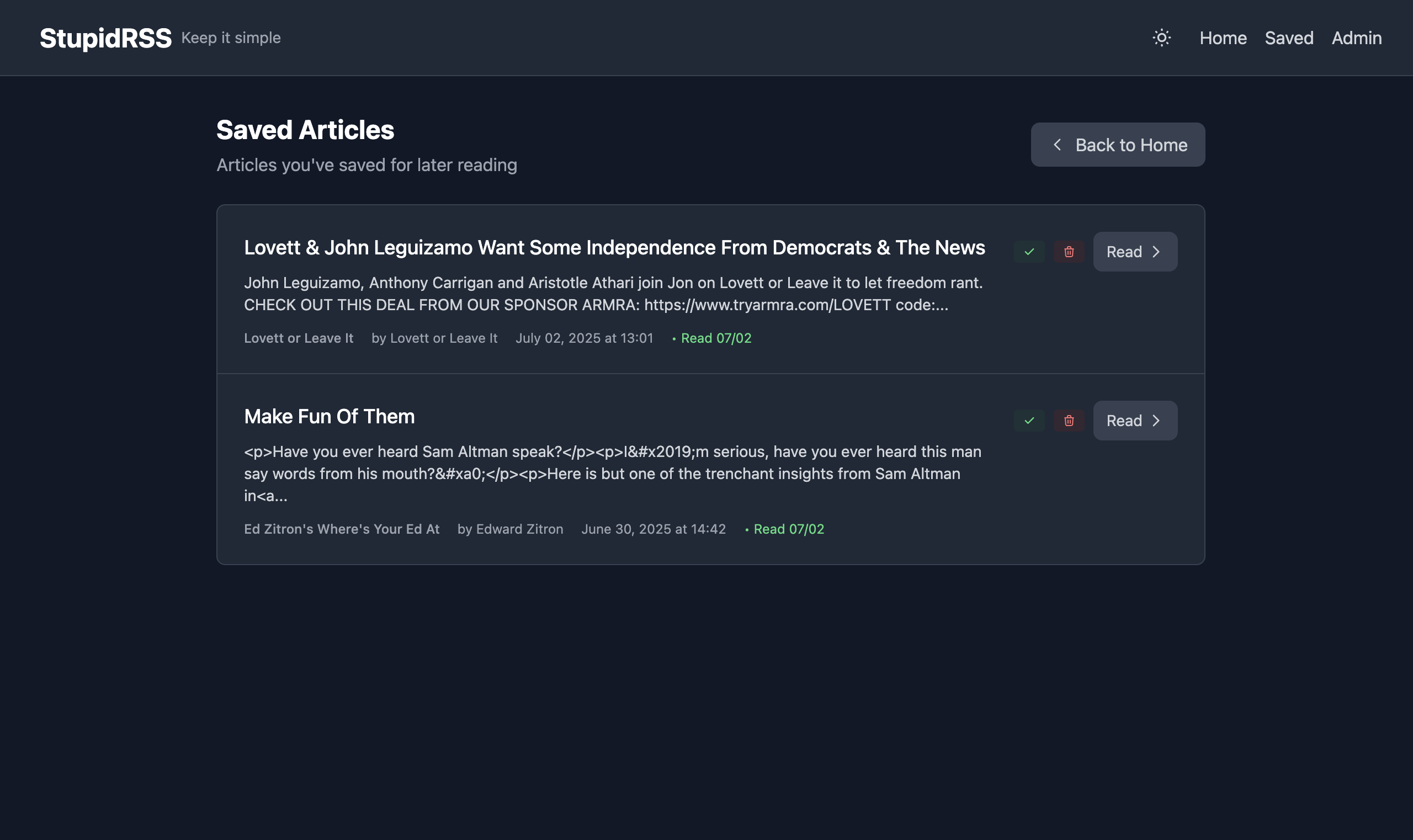 StupidRSS Saved articles page